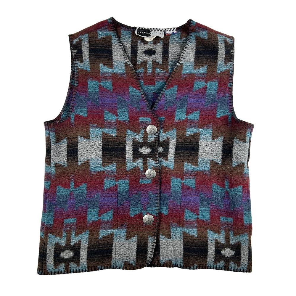 Vintage Rhonda Stark Sweater Vest Womens Medium Western Tribal Knit Made USA 90s